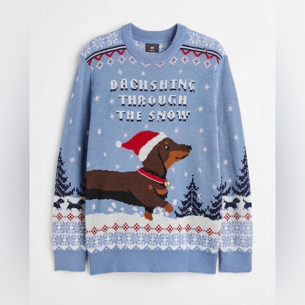 ISO H&M Light Blue Dachshund Holiday Crewneck Sweater